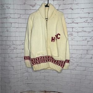 Vintage Hand Knit Shawl Collar Zip Cardigan Cream Red Nordic Ski Lodge Sweater